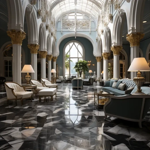豪华精品酒店大堂：大理石地板、精美吊灯与优雅家具，展现尊贵与奢华