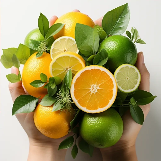 新鲜热带水果摆放在白色桌子上，包括橙子、苹果和各种柑橘类水果，展示健康生活方式的美味选择。