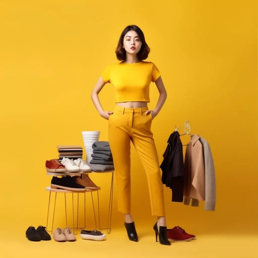 时尚女装电商海报：简约之美，黄色背景，S750分辨率，种子6342489，AR1:1比例，原始风格，V5.1版本。