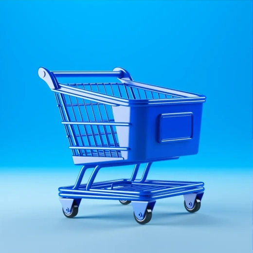 超市购物车3D产品模型宣传海报，简约风格，蓝色调，希腊图案