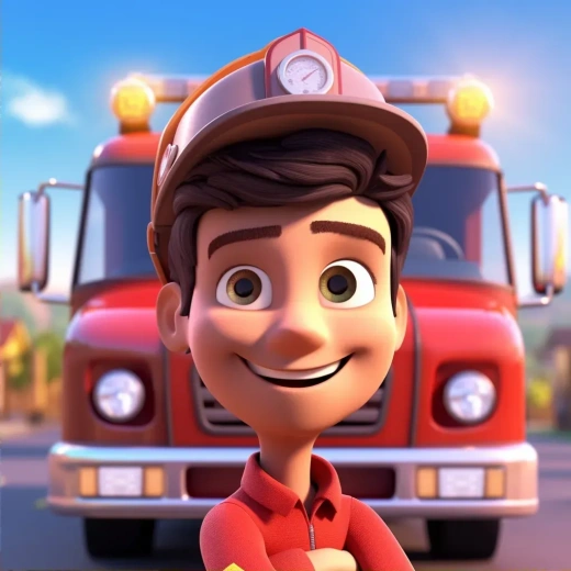 消防员卡通风格半身照，阳光下笑容满面