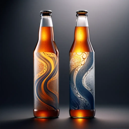 啤酒瓶包装设计：蓝色与琥珀色流动图案，透明美观灯光——1:1真实风格，5.2版本
