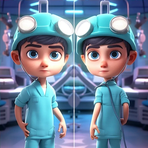医生职业半身照，手术室场景，清晰五官，大眼睛，全身照，卡通风格3D角色，C4D，Octane渲染，超高清，750帧，1.5宽屏，1:1比例，原始风格，5.1声道。