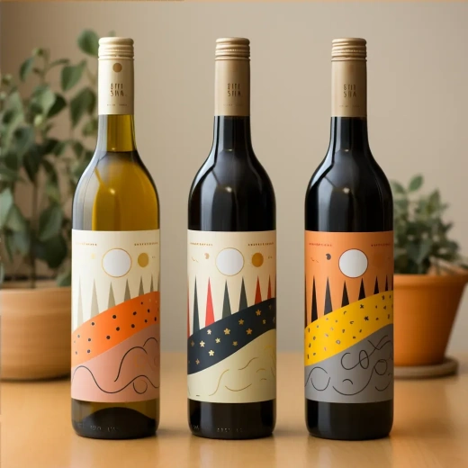 一款新系列葡萄酒的包装设计方案——趣味可爱风格，520规格，1:1比例，原始风格，酒精度5.2。