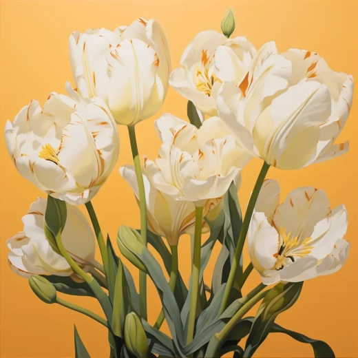 白色郁金香画作，黄背景，海夫卡拉曼、尼尔·维尔维尔、米哈伊尔·弗鲁贝尔风格，壁画绘画，单色作品，浅橙色和翡翠绿，自然比例，尺寸180x2，画布1:1，原始风格，调子5.2。