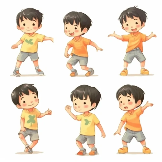 五岁亚洲男孩的可爱插画：多种姿势，无轮廓，全彩色