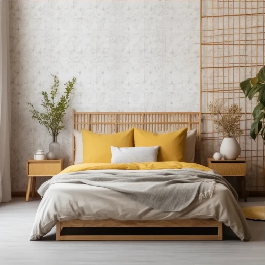 日本风格卧室白色与黄色调模拟，带枕头的床，墙纸，日式简约室内设计及空白空间