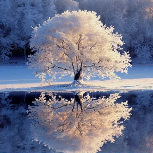 冬日雪景中的超现实之光：明亮雪花与神秘森林