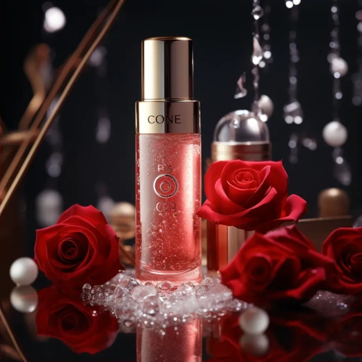精致护肤产品：香奈儿造型、冰玫瑰花瓣、飘散冰块的高级细节与高品质时尚浪漫红窗帘