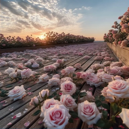 粉色与白色的玫瑰：花园木制地板铺满白色与粉色玫瑰，木格栅上点缀着许多淡粉色的玫瑰。蓝天与夕阳为背景，高清光影艺术，新古典主义，超细节，超高清，8K，高清，超美学，超逼真1:1，5.0版本。
