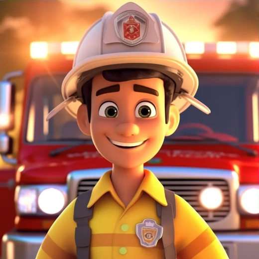 消防员卡通风格半身照，阳光下笑容满面