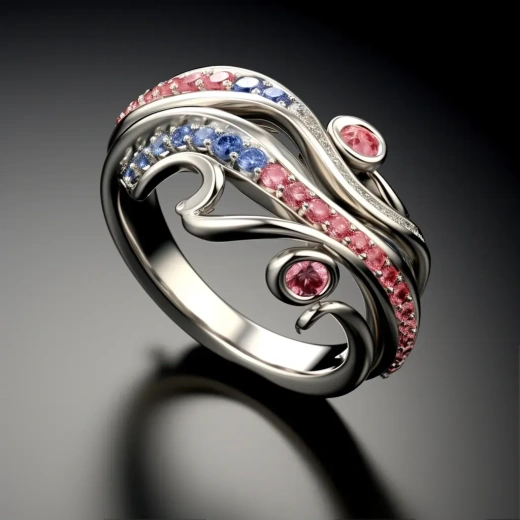 红白蓝蓝宝石的尚善瑞拉风格漩涡设计戒指，平面艺术风格，美不胜收，精密工艺，大理石，传统——AR1:1——风格原素——V5.2。