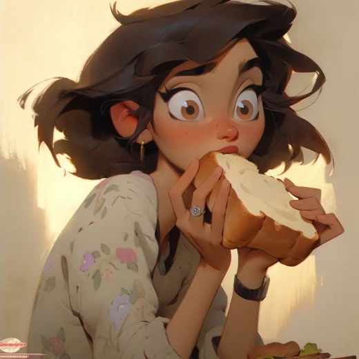 女孩与一片面包：卡通现实风格与浪漫情怀的描绘