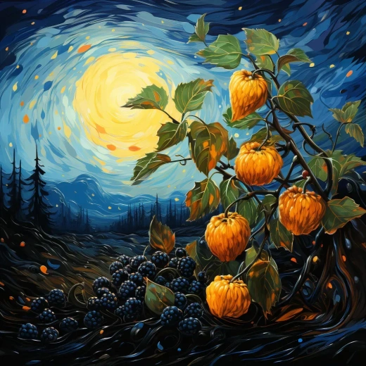 星空之夜下的黑莓果实：梵高油画原味风格
