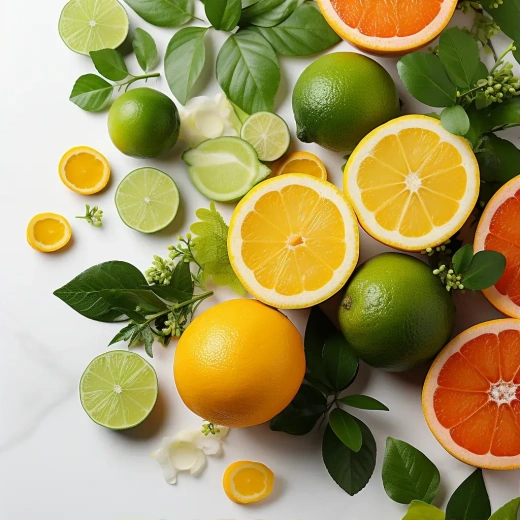 新鲜热带水果摆放在白色桌子上，包括橙子、苹果和各种柑橘类水果，展示健康生活方式的美味选择。
