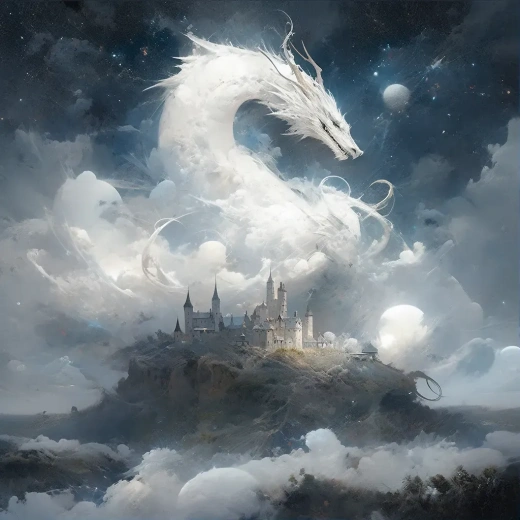 以雷姆布兰特光线描绘的白色龙与月夜童话城堡，天空中飞舞的蝴蝶，深邃的天空蓝与明亮的翡翠绿，巧妙的错觉细节，星象艺术组（星空），梦幻般的点彩画，广阔的风景，梦幻的人物——180°全景1:1尼吉5