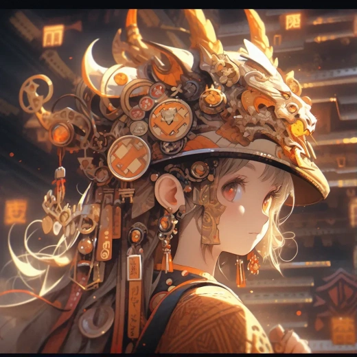 可愛女孩戴中國龍角，穿機械材料服裝，炫彩裝飾，科技感十足