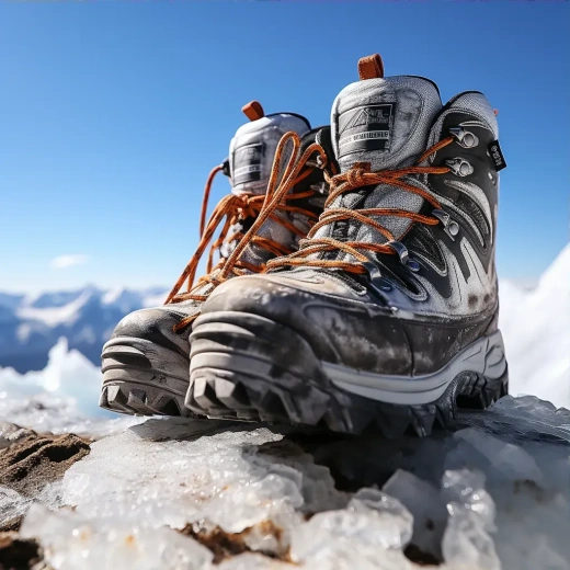 产品拍摄：雪地登山鞋，远山晴日风光，超广角透视，聚焦鞋底光影，冷暖对比，冰痕裂缝，深度景深，超级透视，高清细腻，空间感十足。
