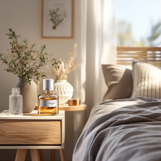 极简风格卧室：香薰瓶、美丽床单与Nikon相机的视觉呈现