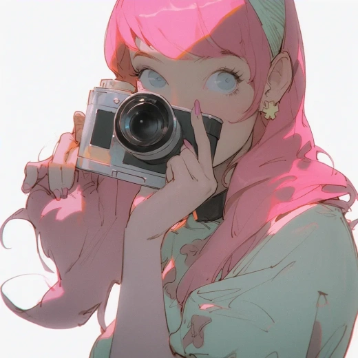 少女与相机：糖果漫画风格，梦幻色彩搭配，少女情怀。