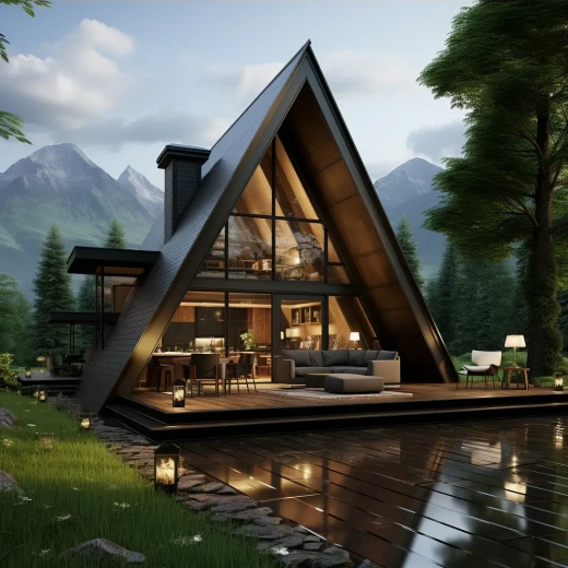 瑞士森林中的现代双层A型金属木制大窗露台别墅，高清实拍，Vraptor 8K网络摄像头，佳能50mm f/1.8镜头，1/80秒快门速度，原生ISO 400。
