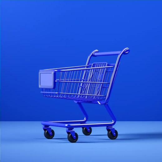 超市购物车3D产品模型宣传海报，简约风格，蓝色调，希腊图案