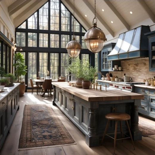 蓝调厨房：自然光线与复古木纹的完美融合