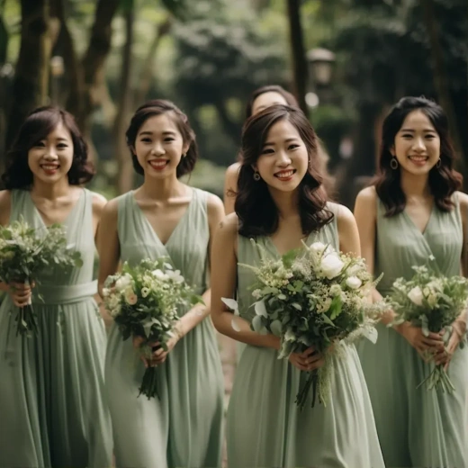 亞洲婚禮現場：一群身著翠綠色禮服的伴娘們歡樂洋溢