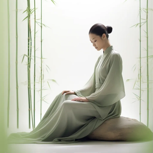中國女士身著簡約漢服，手持綠竹，以kos maior風格冥想的精美藝術(shù)照