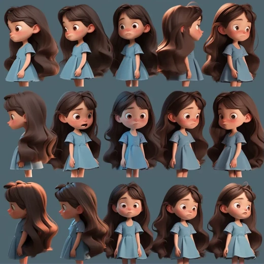 可爱的长棕发女孩，穿着蓝色裙子，拿着黑色马丁书，3岁，展示多张3D渲染角色姿势和不同表情，全身照——1:1比例——风格表现力强——使用Niji 5。