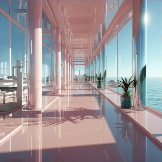 8K高清晰度：以柔和光线渲染的极简主义硅建筑设计，展现独特的过渡空间