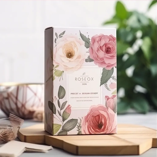 浪漫粉玫瑰茶盒装设计，水彩风格花艺插画，梦幻柔和色彩，简约背景，浪漫氛围，花环绕 - RAW格式V5.2。