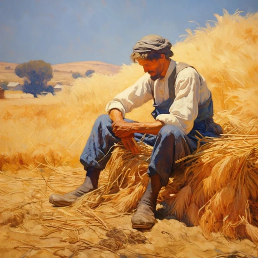 在1500年代的中世纪奇幻王国，一位农夫在乡村农田里收获麦子的场景。