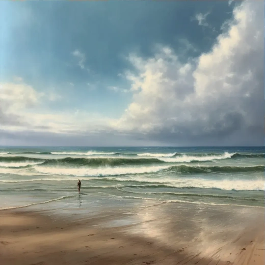 宁静海滩：孤独冲浪者与蔚蓝天空