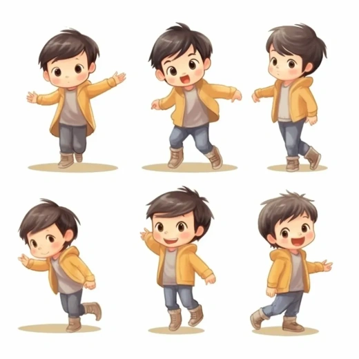 五歲亞洲男孩的可愛(ài)插畫(huà)：多種姿勢(shì)，無(wú)輪廓，全彩色