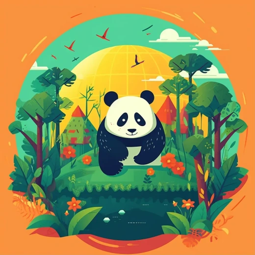 中文标题：地球日海报：熊猫吃竹子，老虎、狮子与大象共聚绿球地球