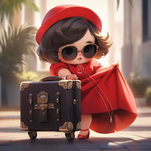 红黑金的时尚宝贝，带着手提箱的《小飞侠》动画风格，32k uhd高清画质，令人惊艳的美丽。