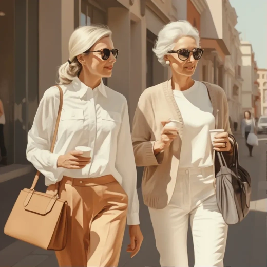 两位女士漫步街头，淡米灰风格，戴眼镜拿手袋，祖孙情深，色彩反转，意境丰富愉悦，广告风格，简约奢华，柔焦效果，动画GIF，美不胜收，Cinema4D渲染，时尚广告，富士ETERNA LIVE 500T，丹麦黄金时代，暗白与浅灰——AR 1:1——原始风格——V 5.2。