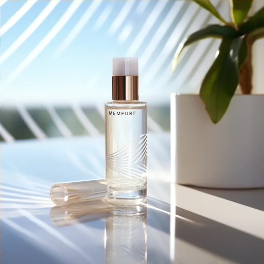 简约白色包装瓶装水化妆品瓶套装摆放在几何形状的桌子上，阳光照射下水面泛起轻微涟漪。背景为干净透明的白色墙面。近景拍摄——1:1比例——原图风格——V5.2。