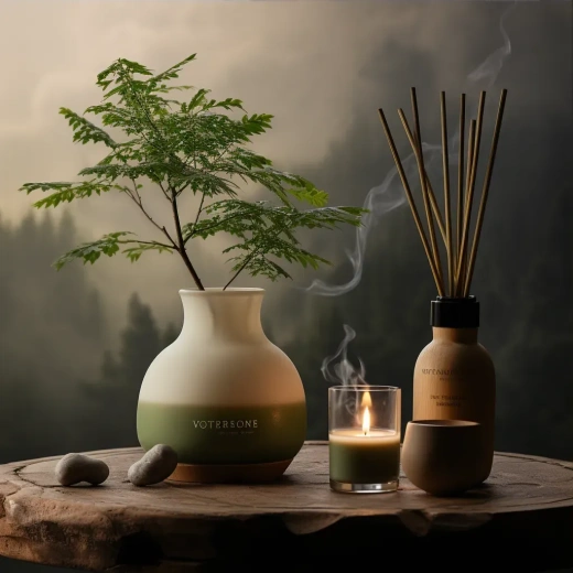日式灵感：神奇精油广告摄影，蜡烛与竹棍摆放在椅子上
