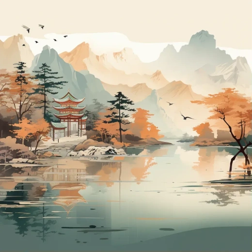 中國(guó)傳統(tǒng)水墨畫(huà)：湖邊亭閣與鳥(niǎo)繪藝術(shù)的精致展現(xiàn)