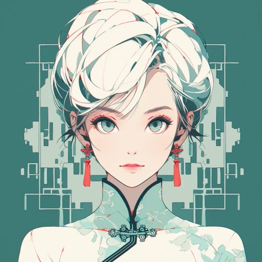 中文標題：古典美女溫柔少女特寫，藍底高清簡約插畫