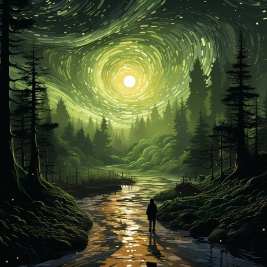 《森林世界》电影海报：绿意盎然的螺旋点绘木刻艺术