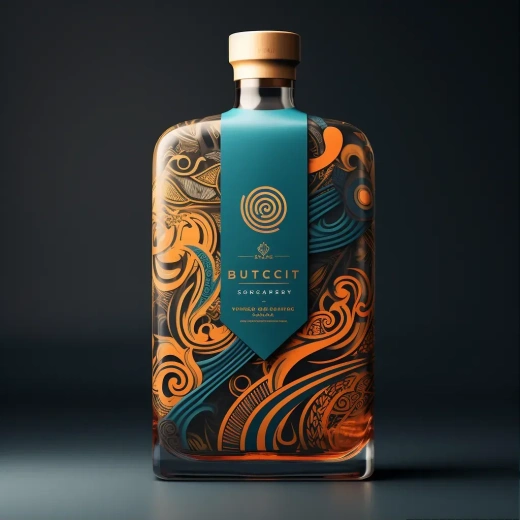 威士忌瓶包装设计：艺术文化图案，深蓝与琥珀色，1:1比例，原始风格，V5.2。