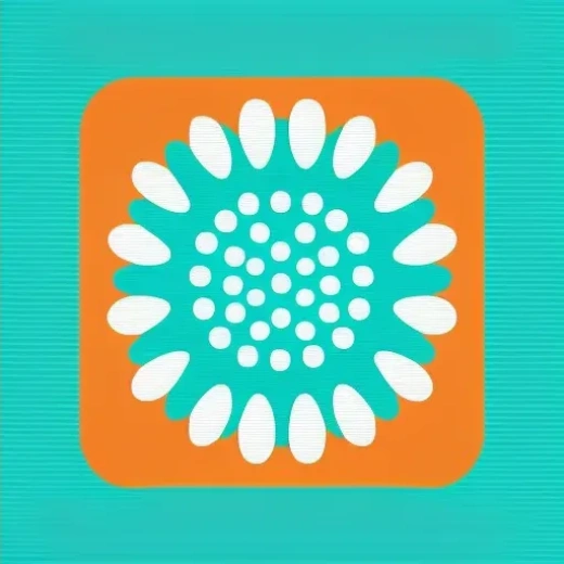 圆形边角正方形手机应用logo，扁平几何花卉矢量logo带花瓣径向重复，简约极简，波普艺术。