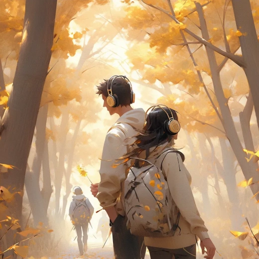 张静娜与希美达的高清8k数字插画：金黄落叶下，白T恤少年与少女同行