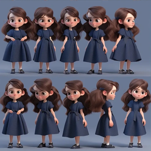 可爱的长棕发女孩，穿着蓝色裙子，拿着黑色马丁书，3岁，展示多张3D渲染角色姿势和不同表情，全身照——1:1比例——风格表现力强——使用Niji 5。