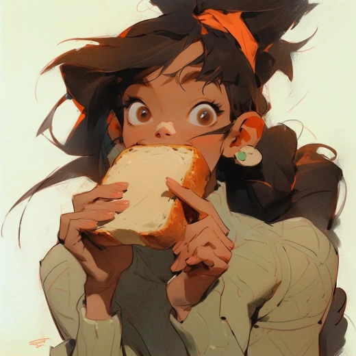女孩与一片面包：卡通现实风格与浪漫情怀的描绘