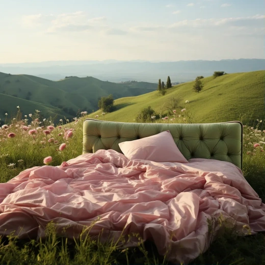 翠山之床：粉红床单的柔滑质感与两枚白色枕头，远处森林环绕。