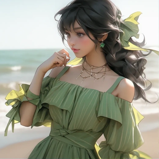 3D動漫綠色連衣裙，浪漫自然風格，柔和夢幻色調，奧羅拉朋克，海灘寫真，唐朝風華，高品質照片，愛德華時代美女，180度視角，1:1比例，表現力十足。